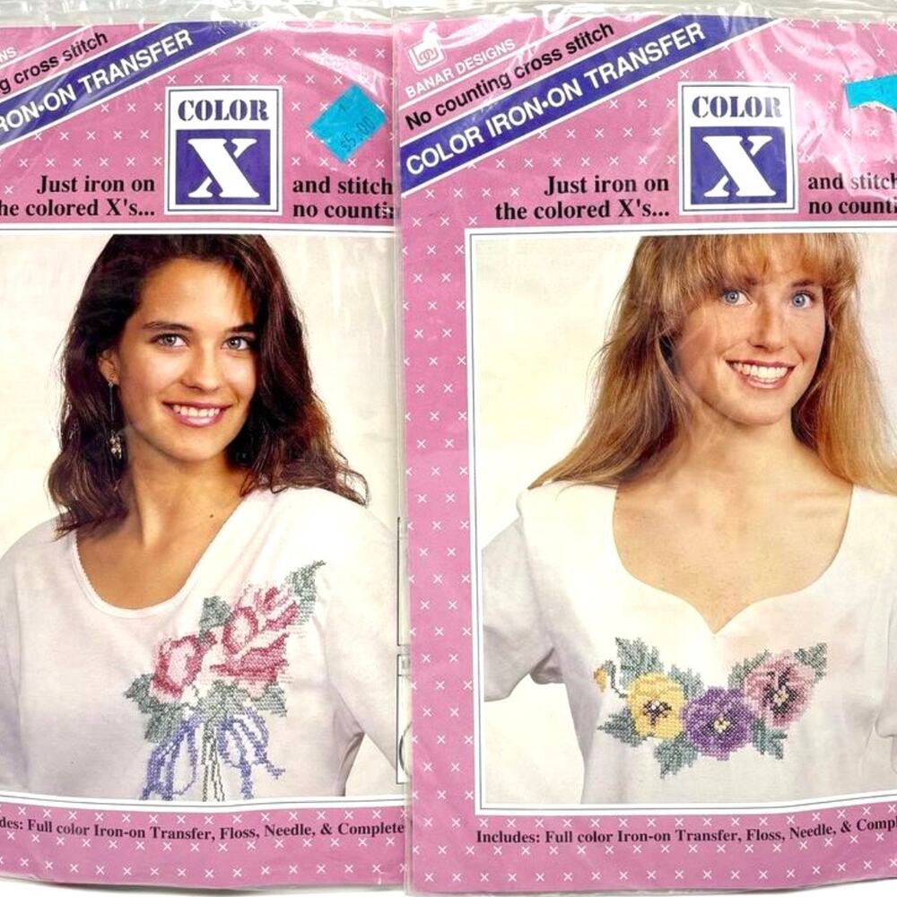2 Wearable Flower Cross Stitch Kits Vintage 1990s Iron On Transfer Rose Pansy